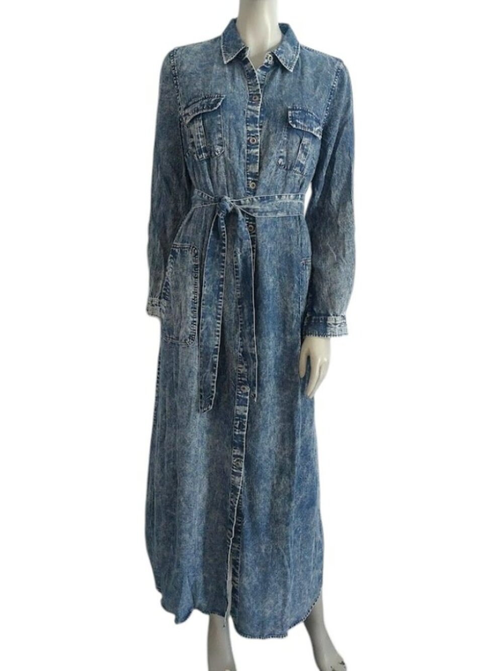 Soft Surroundings Maxi Shirt Dress M Acid Wash Denim Duster Long Sleeve Sash Tie